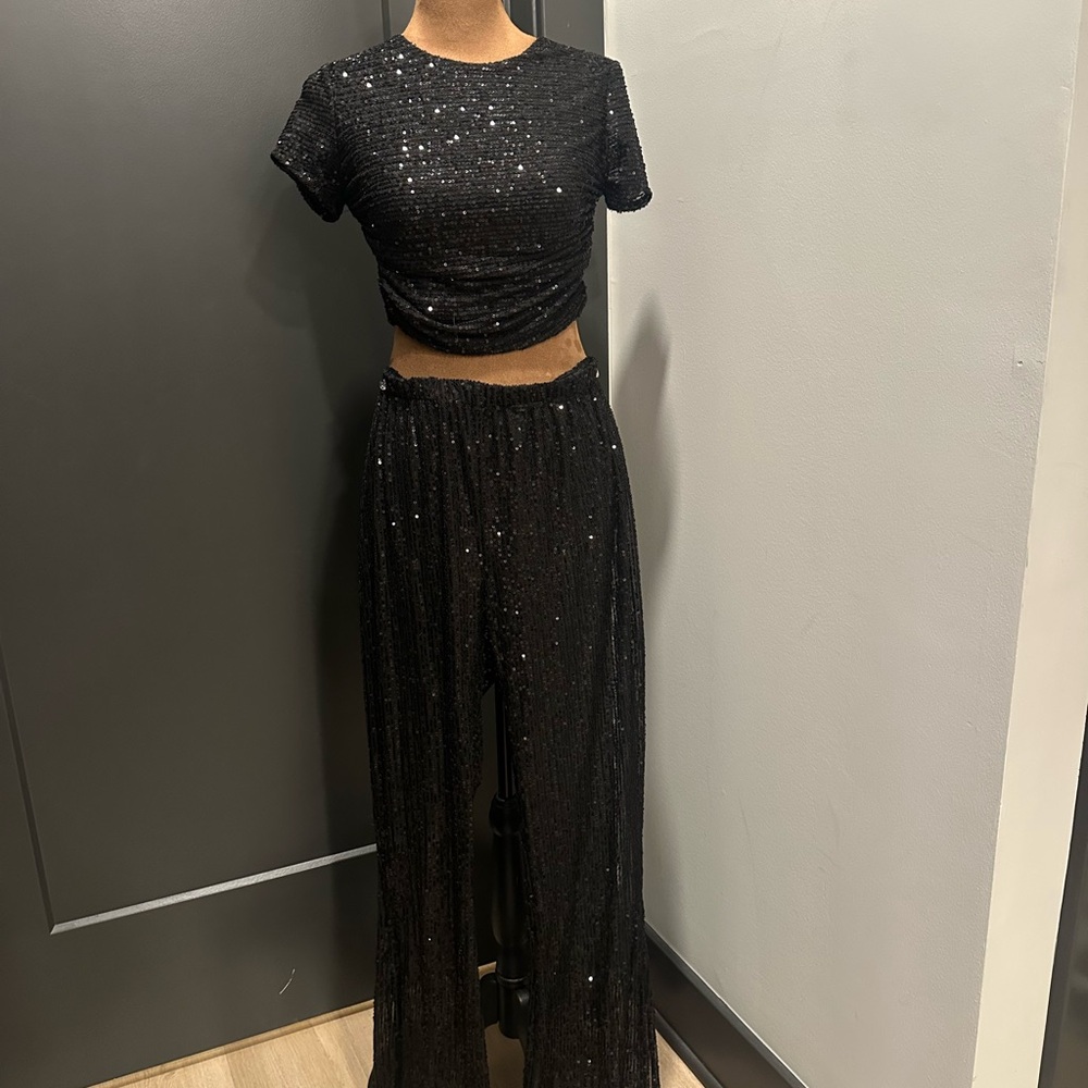 Lulu's Black Sequin Two-Piece Cropped Jumpsuit Set